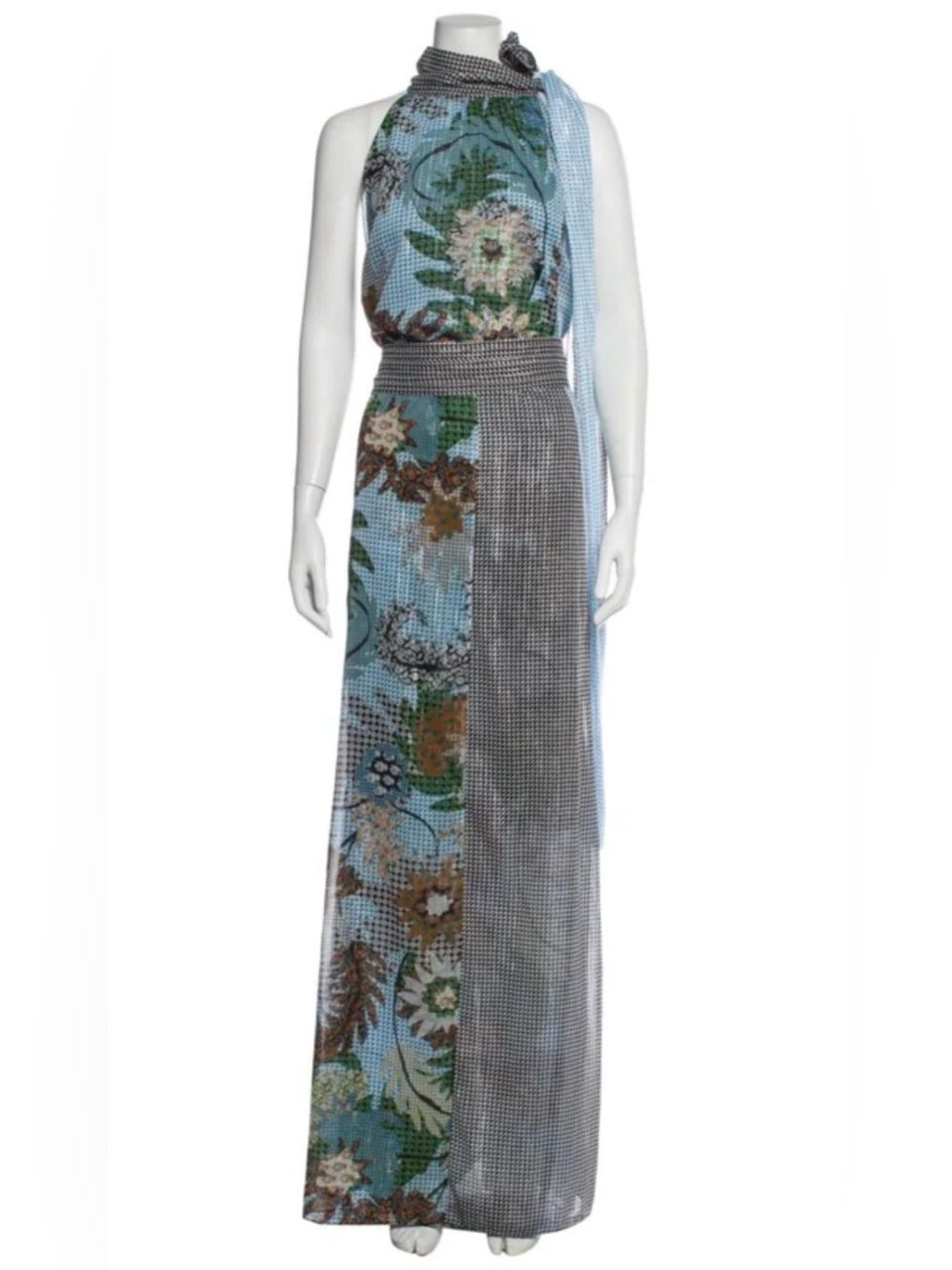 Sachin + Babi Blue Floral and Gray Panel Halter Maxi Dress